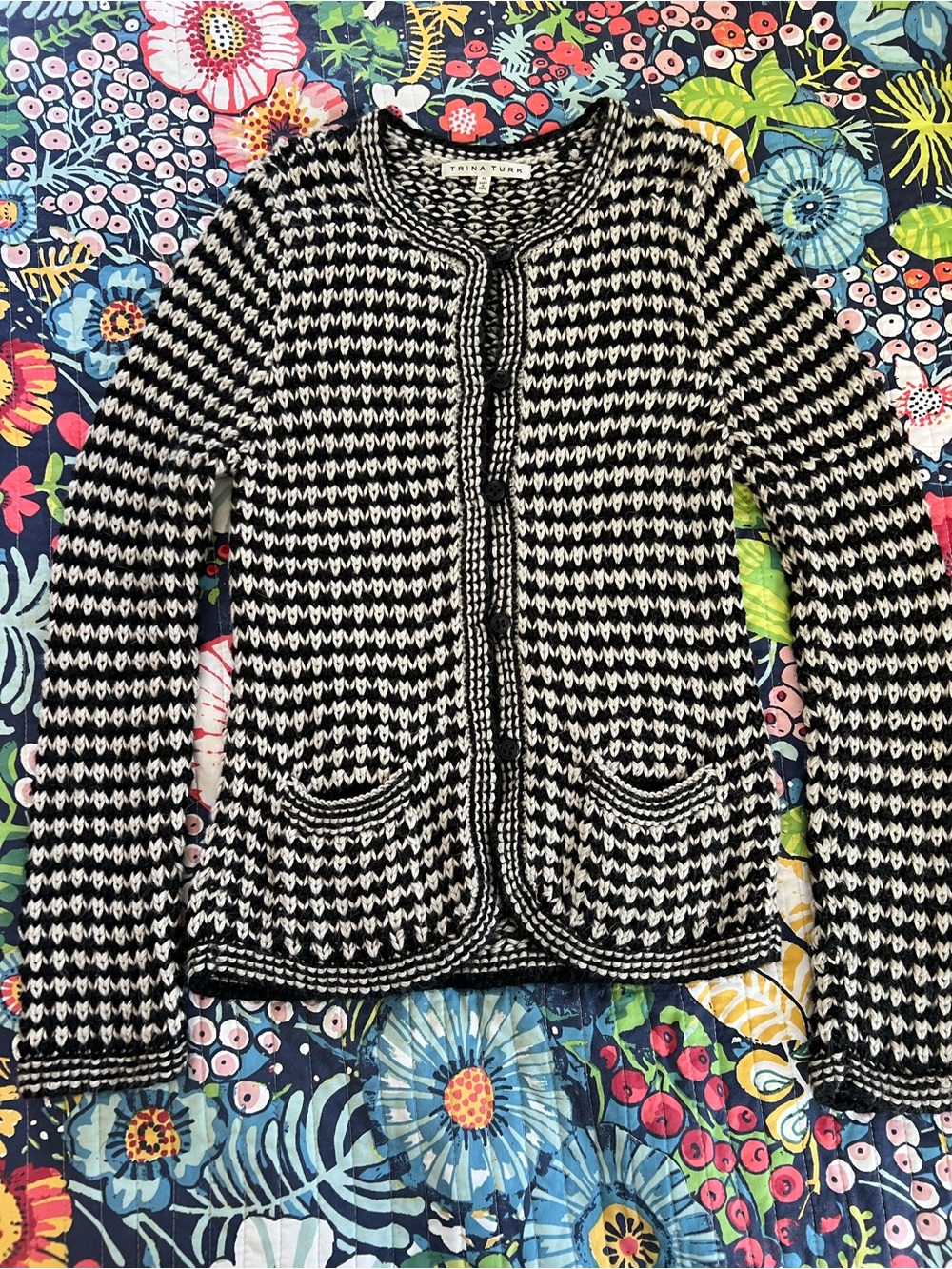Trina Turk Knit Houndstooth Alpaca Wool Cardigan with Pockets in Black & Ivory